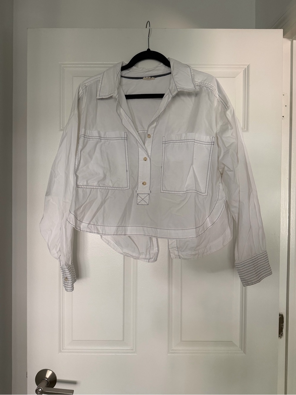 Pilcro White Cropped Button Pullover with Contrast Stitching